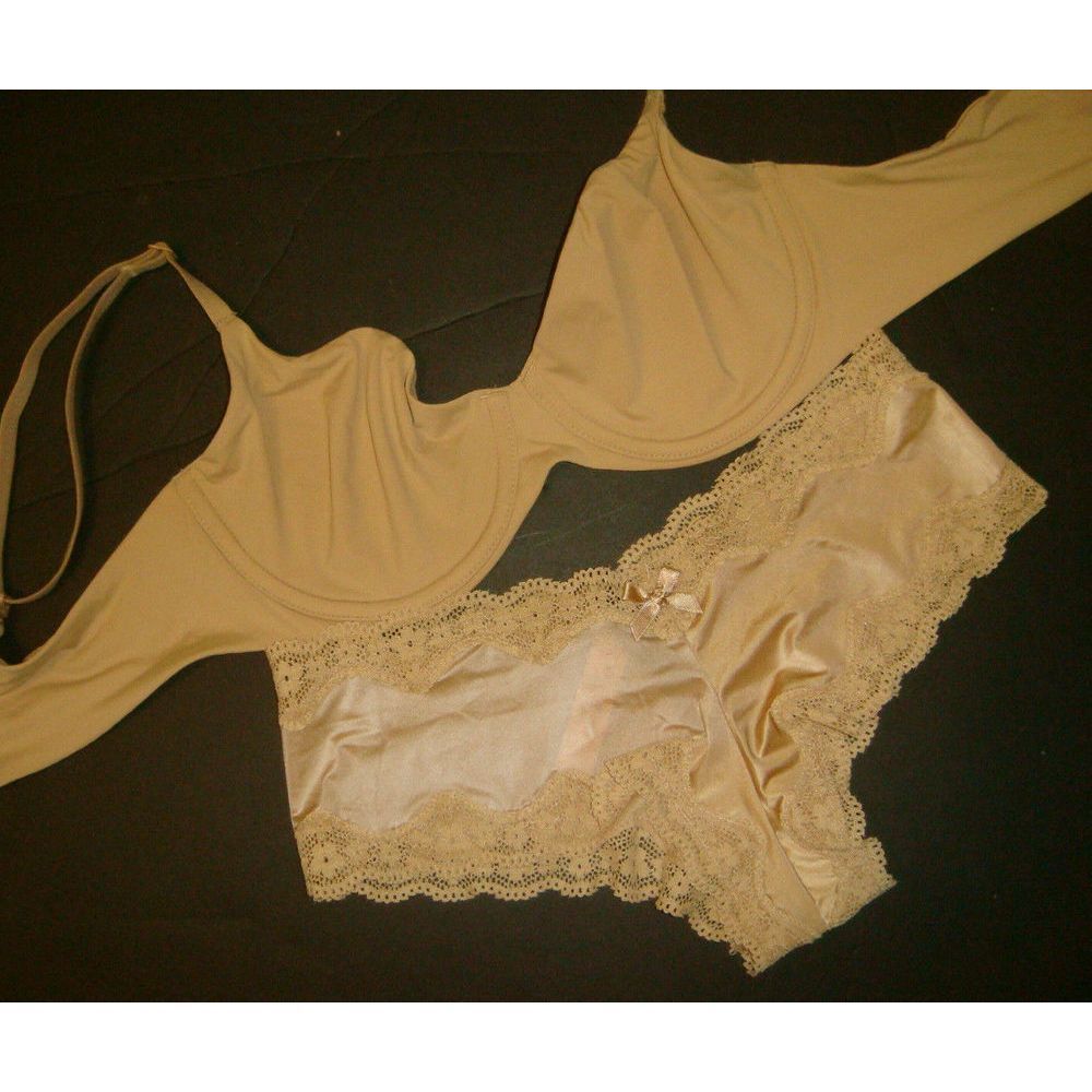 NWT Victoria's Secret unlined 34C BRA SET M hipster panty lot BEIGE comfy soft